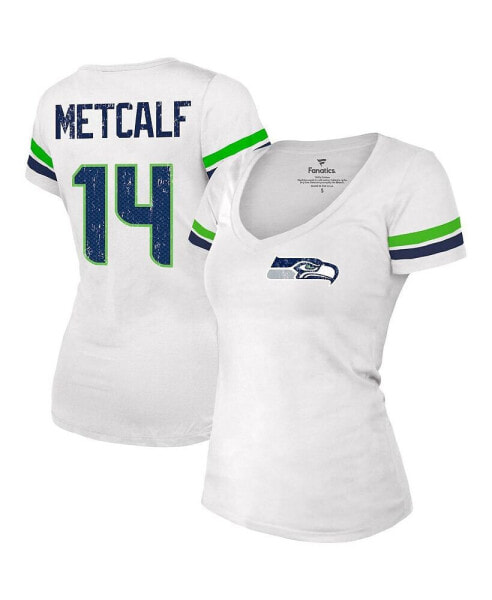 Women's DK Metcalf White Distressed Seattle Seahawks Fashion Player Name and Number V-Neck T-shirt