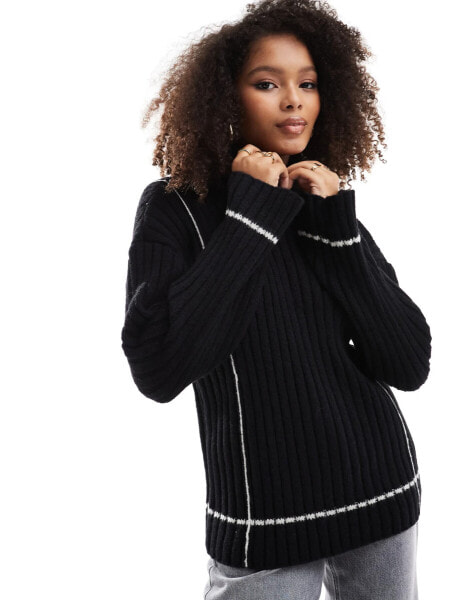 YAS contrast stitch ribbed jumper in black and cream - BLACK