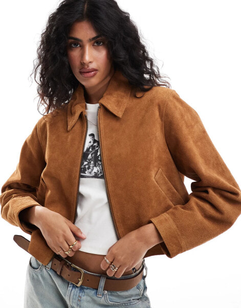 ASOS DESIGN suede top collar jacket in tan