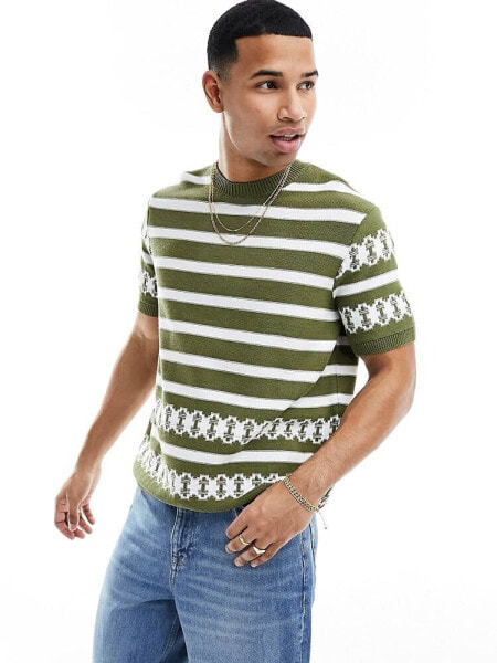 ASOS DESIGN relaxed knitted crew neck t-shirt in khaki border stripe pattern