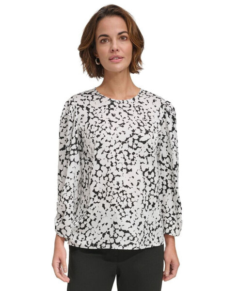Women's Printed Ruched-Sleeve Crewneck Blouse