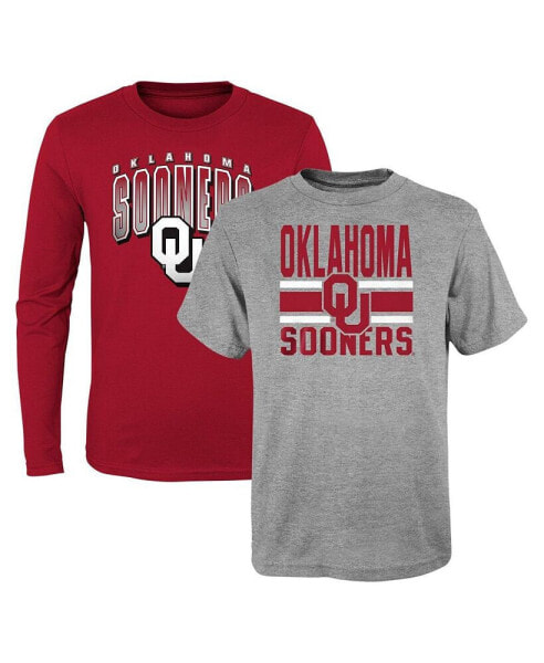 Preschool Boys and Girls Crimson, Heather Gray Oklahoma Sooners Fan Wave Short and Long Sleeve T-shirt Combo Pack