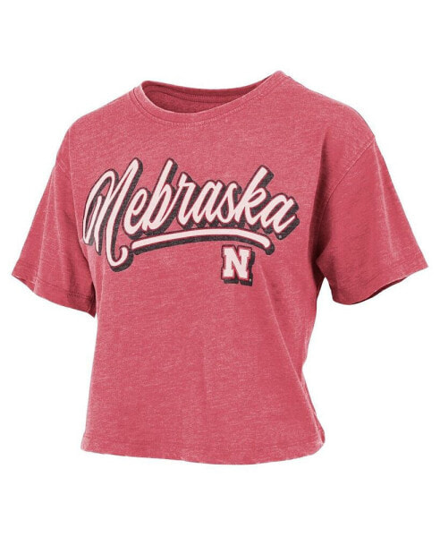 Women's Scarlet Distressed Nebraska Huskers Team Script Harlow Vintage-Like Waist Length T-shirt