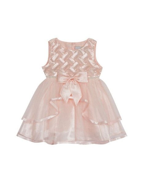 Baby Girls Basket Weave Social Dress with Two Tiered Ribbon Skirt