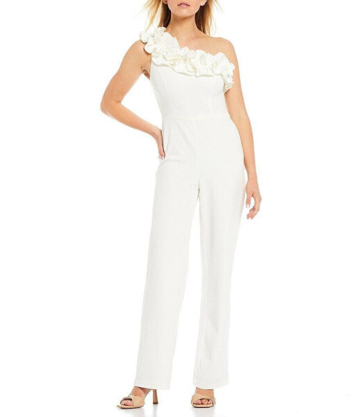 Adrianna Papell 293808 Stretch Crepe Ruffle One Shoulder Jumpsuit Ivory 4