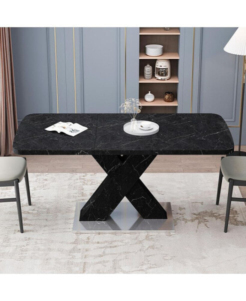 Modern Square Dining Table, Stretchable, Printed Marble Table Top+MDF X-Shaped Table Leg