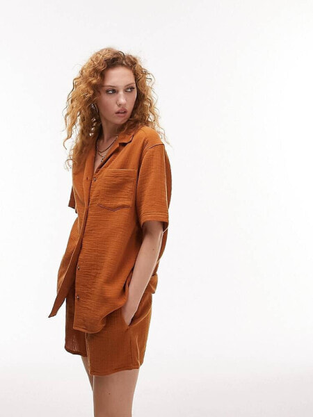 Topshop co-ord textured cheesecloth short sleeve shirt in rust 