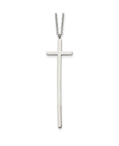 Chisel polished Long Cross Pendant on a 30 inch Cable Chain Necklace