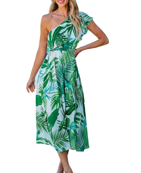Women's Tropical One-Shoulder Ruffle Maxi Beach Dress