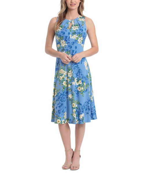 Women's Floral-Print Pleated Keyhole-Neck Midi Dress