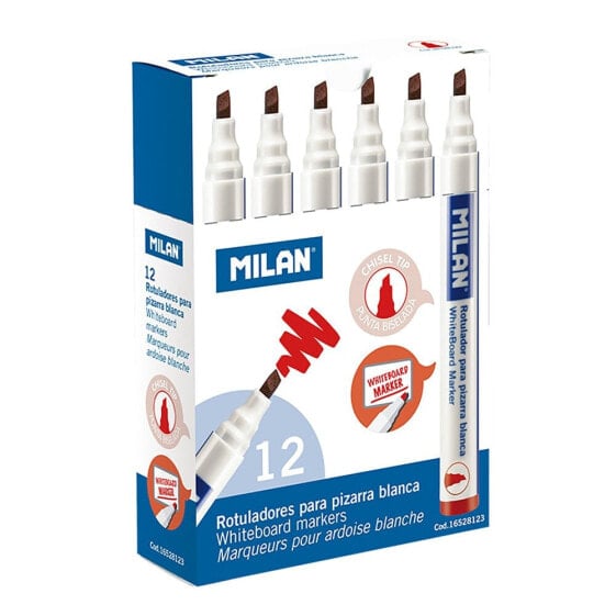 MILAN Box 12 Red Whiteboard Markers With Chisel Tip (1 4 mm)