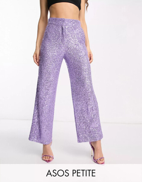 ASOS DESIGN Petite straight sequin ankle grazer trousers in purple