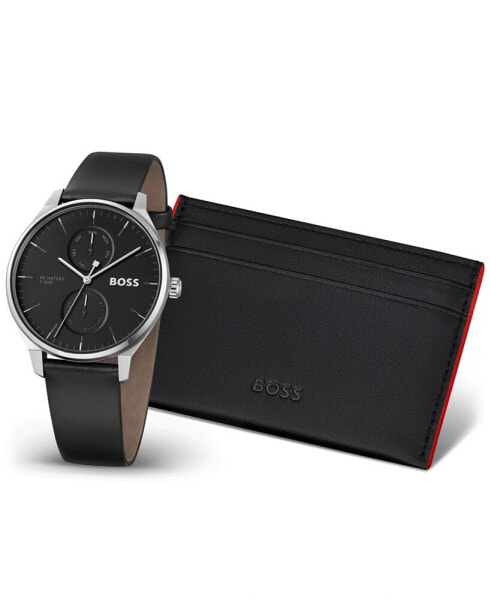 Men's Tyler Quartz Multifunction Black Leather Watch 43mm, Black Leather BOSS Card Holder Gift Set