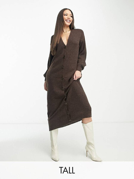 Vero Moda Tall button through maxi dress in brown