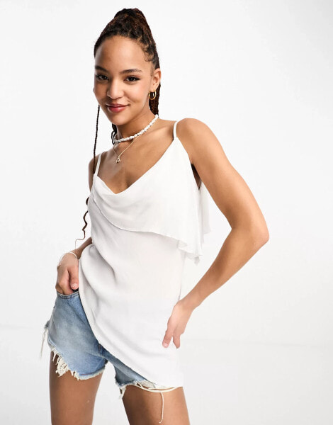 Stradivarius asymmetric draped cami top in white