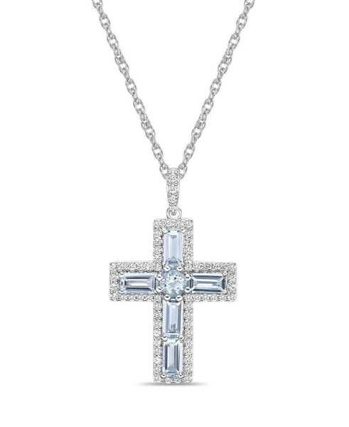 Sterling Silver Halo Birthstone Style Genuine Aquamarine and White Topaz Fancy Cut Cross Pendant Necklace