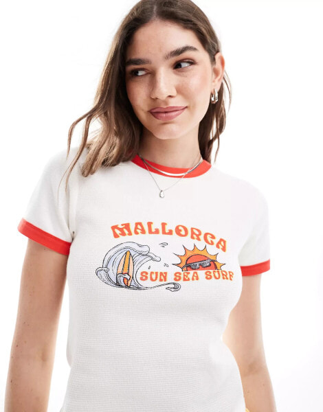 ASOS DESIGN waffle ringer baby tee with mallorca graphic in cream