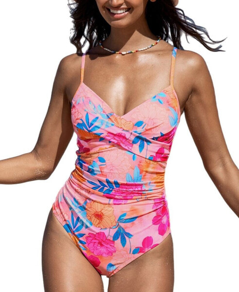 Women's Sunset Bloom Ruched V-Neck One-Piece