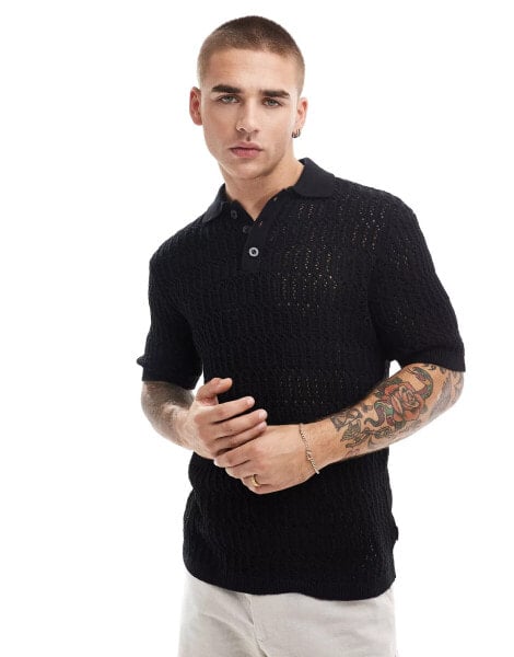 ONLY & SONS open knit polo in black