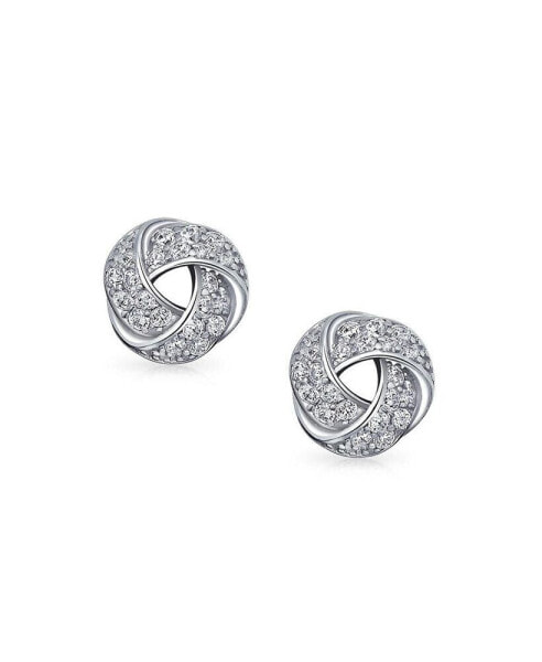 Love Knot Work Stud Earrings For Women Pave CZ Button Style Pierced Ears .925 Sterling Silver