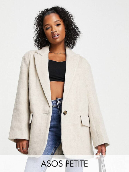 ASOS DESIGN Petite oversized grandad wool mix jacket in cream