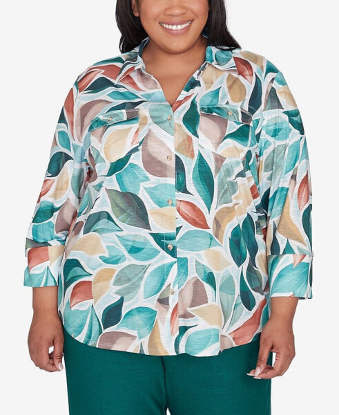 Plus Size Emerald Isle Abstract Leaf Top Bell Sleeve Button Front Top