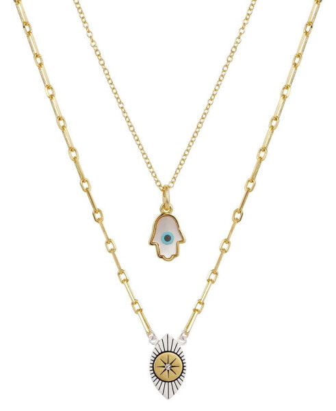 2 Pc. Set Hamsa Hand & Evil Eye Pendant Necklaces in Silver-Plate & Gold-Flash, 16" + 2" extender