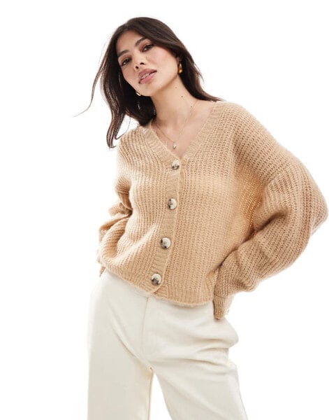 ASOS DESIGN knitted fluffy oversized cardigan in ecru brown