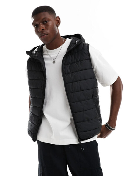 Bershka lightweight hooded gilet in black