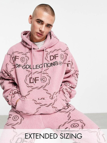 ASOS Dark Future co-ord oversized hoodie in teddy borg with all over monogram logo print and embroidery in pink