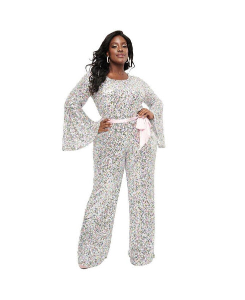 Plus Size Knit Bell Sleeve Sashed Jumpsuit