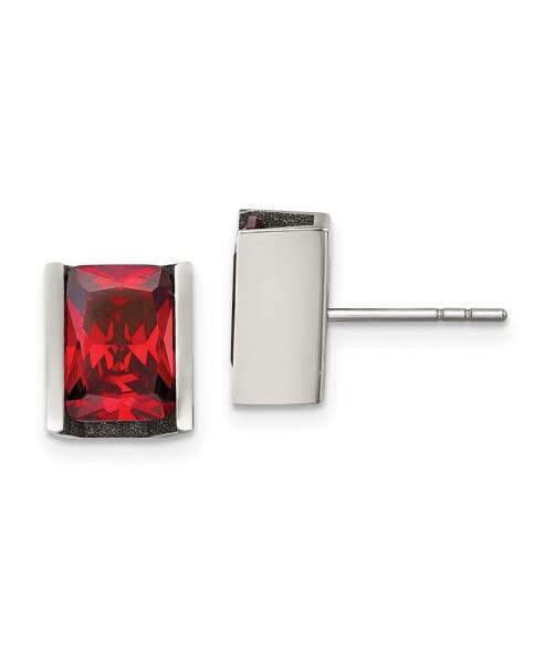 Stainless Steel Polished Red CZ Rectangle Earrings