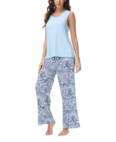 Women's Solid 2 Piece Tank Top with Printed Wide Pants Pajamas Set