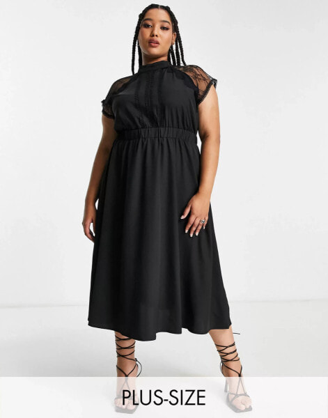 Liquorish Curve a line lace detail midi dress in black