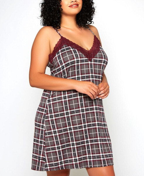 Plus Size Modal Cozy Plaid Trimmed in Elegant Lace 1 Pc Nightgown