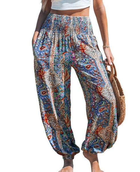 Women's Paisley Smocked Waist Tapered Leg Pants