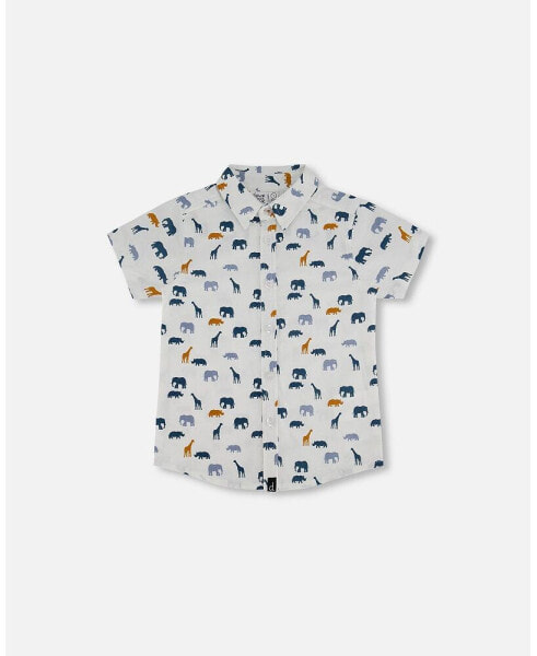 Baby Boy Short Sleeve Poplin Shirt White Printed Jungle Friends - Infant