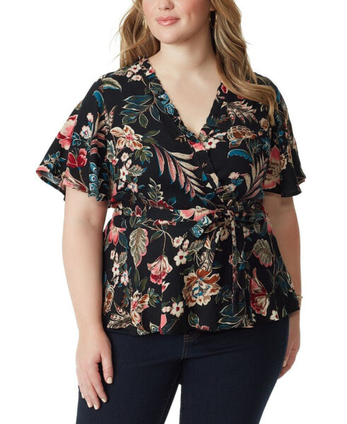 Trendy Plus Size Printed Wrap Top