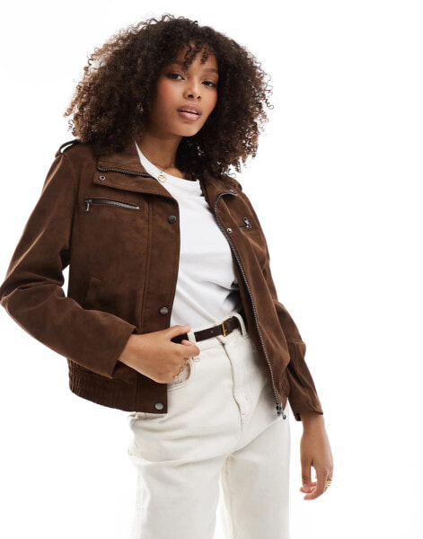 Bershka faux suede boxy jacket in chocolate