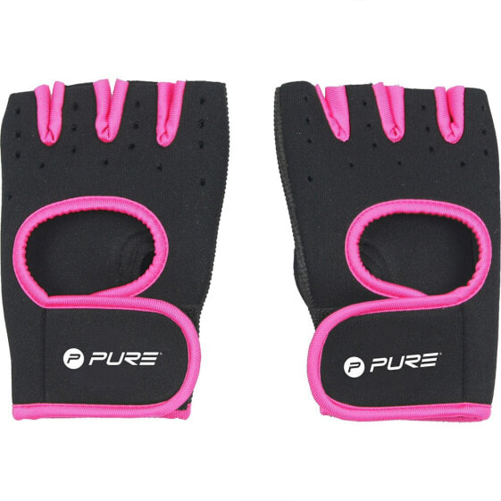 Перчатки для тренировок Pure2Improve неопреновые размер s/m для женщин в черном с розовым с белым принтом логотипа Pure2Improve.
