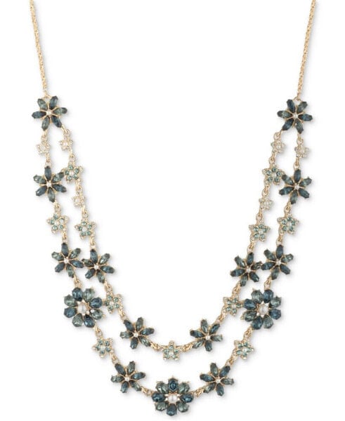 Gold-Tone Pavé, Stone & Imitation Pearl Flower Layered Collar Necklace, 16" + 3" extender