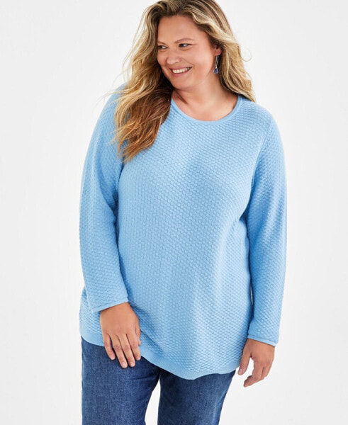 Plus Size Cotton Textured Curved-Hem Sweater, Created for Macy's