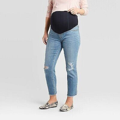 Over Belly Cropped Distressed Straight Maternity Jeans - Isabel Maternity by