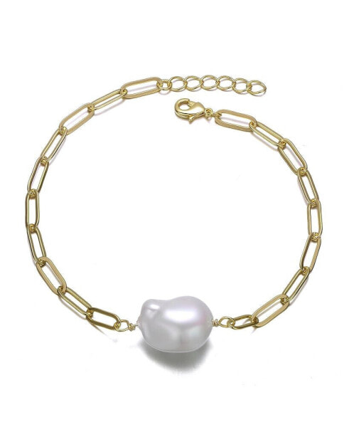 Sterling Silver 14k Gold Plated White Freshwater Pearl Paperclip Link Bracelet