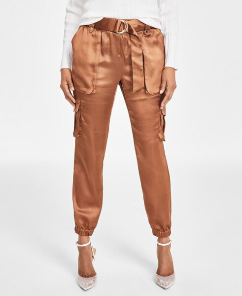 Women's High-Rise Belted Satin Cargo Pants, Regular & Petite, Created for Macy's