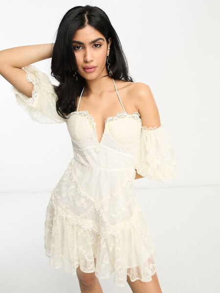 ASOS DESIGN embroidered bardot cupped mini dress with pephem in ivory