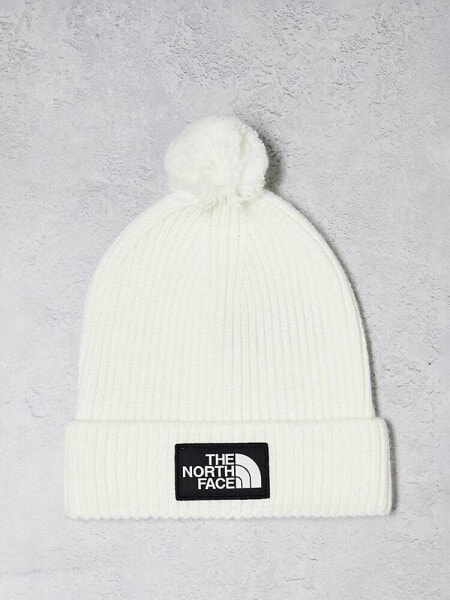 The North Face Logo Patch bobble hat in off white