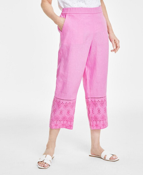 Women's 100% Linen Eyelet-Trim Pull-On Pants, Created for Macy's