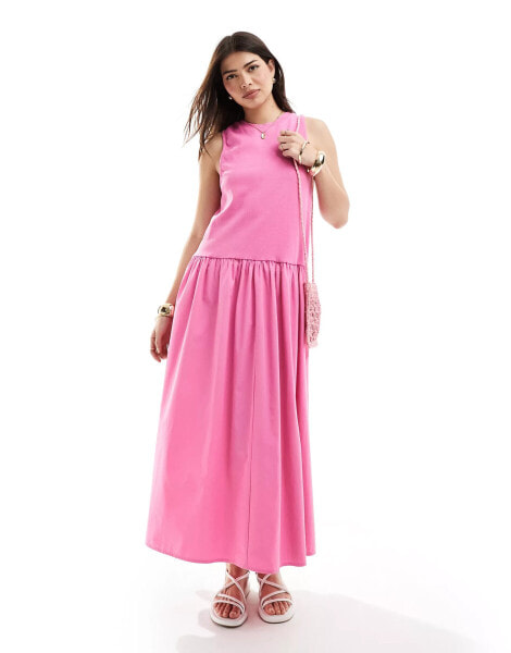 ASOS DESIGN – Ärmelloses Maxikleid in Rosa mit geripptem Oberteil und ausgestelltem Saum