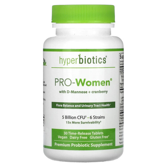 Пребиотики и пробиотики Hyperbiotics PRO-Women с D-Маннозой + Клюквой, без вкуса, 60 таблеток со временным высвобождением